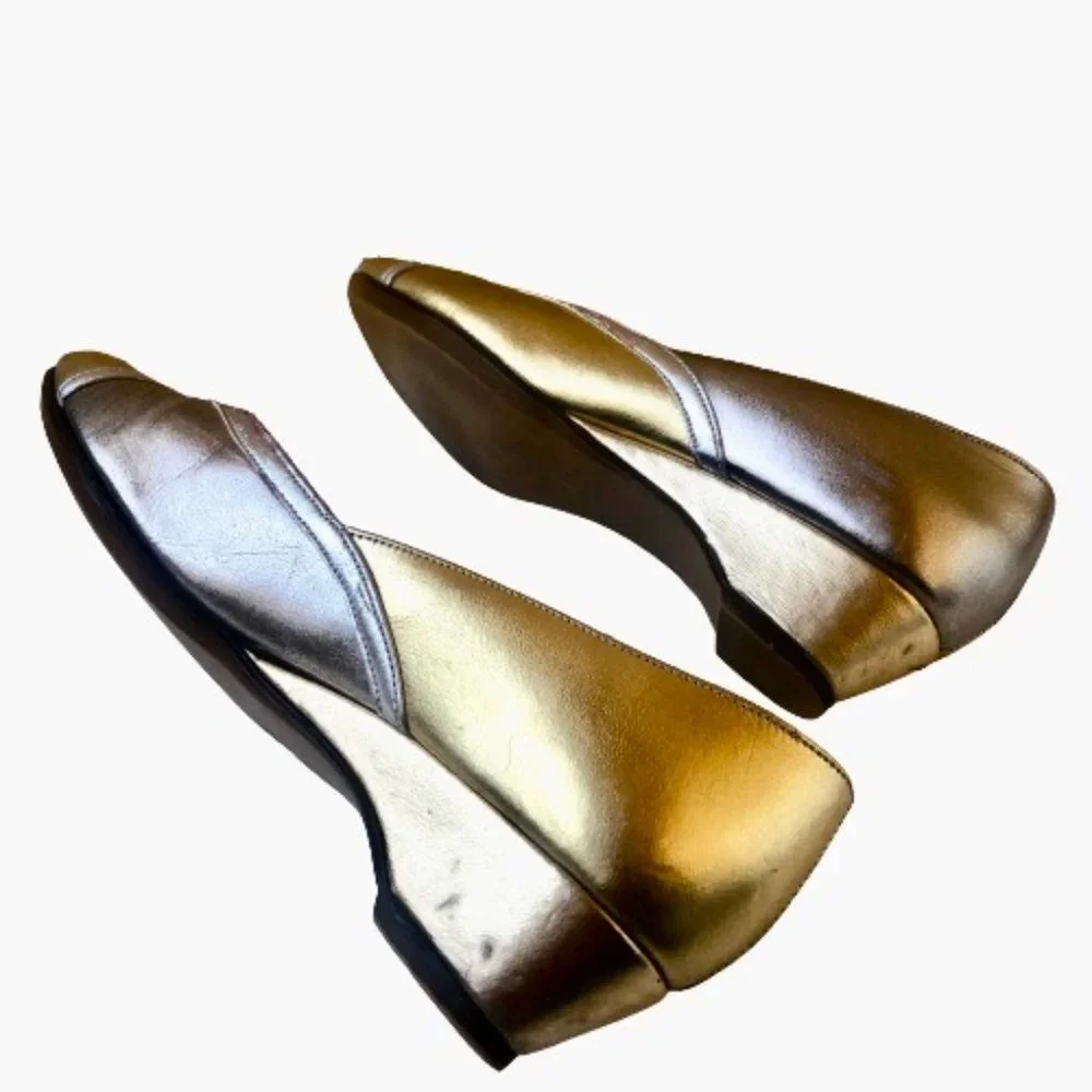 Easy Street Vintage 80's Low Wedge Pump Silver + Gold Made in USA USED
